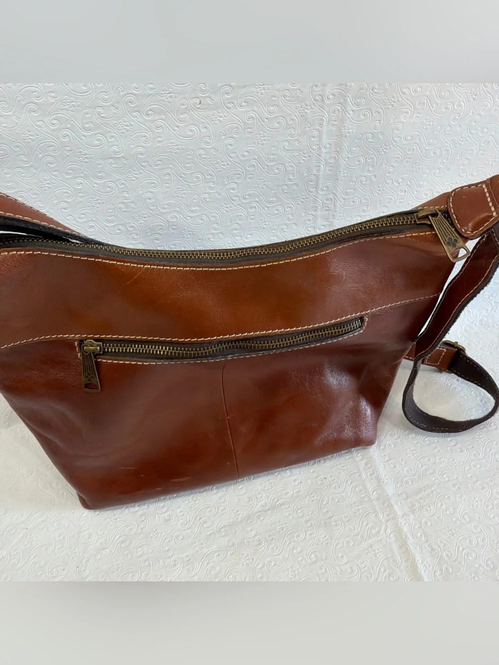 Patricia Nash Bag Brown Italian Leather Purse Zip Top Tote Hobo Crossbody Large